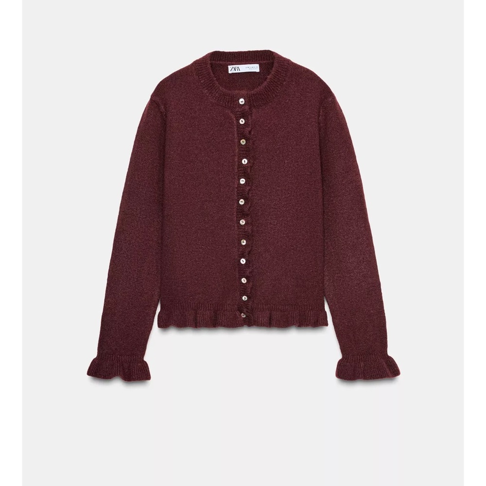 Zara Burgundy Cardigan with Ruffle Accents